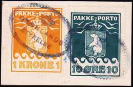 1930. 1 Kr. Yellow And 1928 10 øre Blue. Thiele Letterpress. Perf. 11 ½. On Piece Can... (Michel 11A+) - JF411044 - Paquetes Postales