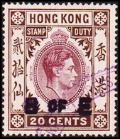 1938. HONG KONG. GEORG VI. 20 CENTS STAMP DUTY. B OF E. () - JF411127 - Postal Fiscal Stamps