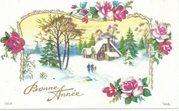 BONNE ANNEE "ANIMEE" 128x79 Maison Dans Couronne De Roses Avec 3 Personnes.jpeg - Communion