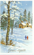 BONNE ANNEE "ANIMEE" 135x85 Maison Dans Les Sapins Avec 2 Personnes Rouge Et Bleu.jpeg - Communion