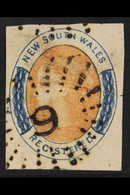 NEW SOUTH WALES 1856-59 Registered 6d Orange And Indigo, SG 105, Four Good To Large Margins And Neat "9" Cancel.  For Mo - Altri & Non Classificati