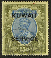 OFFICIAL 1923-4 15r Blue & Olive, Wmk Single Star, India Ovpt, SG O14, Fine Used With Neat Telegraphic Cancel, Tiny Ink  - Kuwait