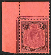 1942 £1 Purple And Black On Carmine Key Plate, SG 114a, Upper Left Corner Example, The Stamp Never Hinged Mint. For More - Leeward  Islands