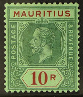 1921 KGV 10r Green & Red/green On Emerald (olive Back), MCA Wmk, SG 204b, Very Fine Mint For More Images, Please Visit H - Mauritius (...-1967)