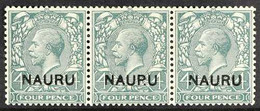 1916 -23 4d Slate-green, Horizontal Strip Of 3, The Middle Stamp With The Variety "NAUP.U", SG 8/8a, Very Fine Mint. For - Nauru