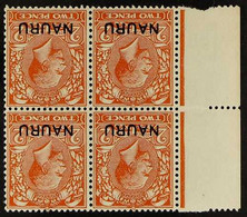 1916 -23 KGV 2d Orange (Die I) With WATERMARK INVERTED AND REVERSED, SG 4y, Left Marginal BLOCK OF FOUR Very Fine Never  - Nauru