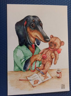 Illustrator Izmailova - Modern Postcard - Dachshund - Dachshound - Teckel - Dackel - Bassotto - Doctor - Teddy Bear - Hunde
