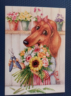 Illustrator Izmailova - Modern Postcard - Dachshund - Dachshound - Teckel - Dackel - Bassotto - Florist - Hunde