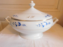 La Seynie Pour Arnauld De Brissac Grande Soupière  Décor Fleurs Bleues Filets Or Porcelaine Limoges - Limoges (FRA)