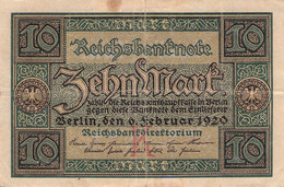 10 Mark Reichsbanknote 1920 VF/F (III) - 10 Mark