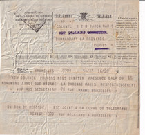 DDY 260 --  TELEGRAMME 1920 BRUXELLES Vers Le Colonel BEM Baron Wahis - "Un Bon De REPONSE PAYEE Est Joint" - Télégraphes