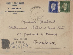 Recommandé De Fortune Saverdun Ariège CAD Saverdun 1945 YT 694 695 Marianne Dulac Pharmacie Mirande Tarascon S Ariège - Guerra De 1939-45