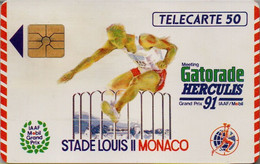 TÉLÉCARTE PHONECARD MONACO OFFICE DES TÉLÉPHONES GATORADE HERCULIS 1991 ATHLÉTISME COURSE HAIES  50 UNITÉS UTILISÉE - Mónaco