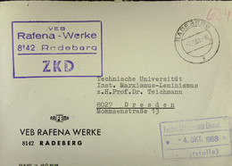 Fern-Brief Mit ZKD-Kastenst. "VEB Rafena-Werke 8142 Radeberg" Vom 31.10.68 An TU Dresden Mit Viol. Eing.Stpl - Servicio Central De Correos