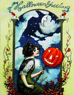 ► HALLOWEEN - Reproduction Poster Vintage (Sorcière Citrouille Lune Hibou Chat Witch Pumpkin Moon Owl Cat) - Halloween