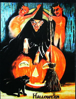 ► HALLOWEEN - Reproduction Poster Vintage (Sorcière Citrouille Lune Hibou Chat Witch Pumpkin Moon Owl Cat) - Halloween