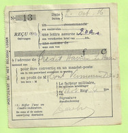 POSTDIENST BIJ HET BELGISCH LEGER / RECU / LETTRE ASSUREE  - 2/10/16 (K4646) - Belgische Armee