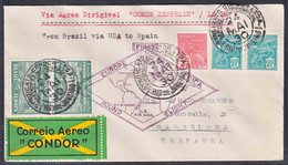 Brazil 1930 Condor Zeppelin Mi#Zp.1 Pair, Cover From Brazil Via USA To Spain - Briefe U. Dokumente