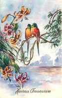 Fête - Joyeux Anniversaire - Cpa Pailletée - Oiseaux Fleurs - Compleanni
