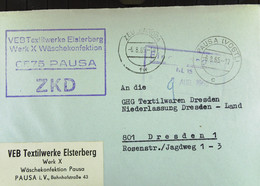 Fern-Brief Mit ZKD-Kastenst. "VEB Textilwerke Elsterberg Werk X Wäschekonf 6575 PAUSA" 6.8.65 An GHG Textilwaren Dresden - Covers & Documents