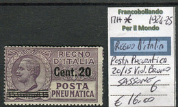 1924/25 Regno D'Italia Posta Pneumatica 20 C Su 15c  MH Sassone 6 - Poste Pneumatique