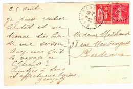 BARBOTAN Gers Carte Postale 50c Paix 5c Semeuse Rose Yv 278B 283 Ob 26 8 1937 Cercle Pointillé Type B4 - Brieven En Documenten