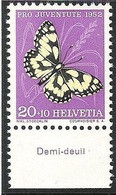 Schweiz Suisse Svizzera 1952: Pro Juventute Zu WI 145 Mi 577 Yv 528 ** MNH + Tab Français "Demi-deuil" (SBK CHF 5.20) - Schmetterlinge
