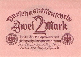 2 Mark 1922 Deutsche Reichsbanknote UNC (I) Darlehenskassenschein - 2 Mark