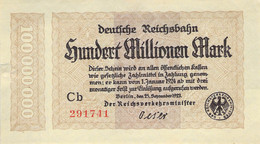 100 Mio Mark Deutsche Reichsbahn 1923 AU/EF (II) - 100 Mio. Mark