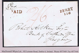 Ireland Derry 1831 Small Unframed PAID Of Derry With DERRY 118 Mileage Mark On Banking Cover To Glasgow - Vorphilatelie