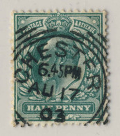 GB KEVII SG215/6 1/2d BLUE-GREEN USED SQUARED CDS T.I CHESTER (CHESHIRE) - Usati