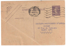 St QUENTIN Aisne Entier Carte Postale 40c Semeuse Violet Yv 236-CP2 Millésime 725 Ob Meca 1928 Trace De Pli - Standaardpostkaarten En TSC (Voor 1995)