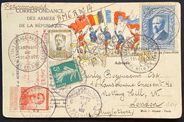 Belgique Carte Recommandée Mixte Timbres Belges & Semeuse Français Obl " 6 Postes Militaires Belgique 6 "pour Londres - Armada Belga