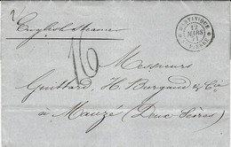 1871- Lettre De MARTINIQUE / St PIERRE  "English Steamer " TAXE 16 D. Tampon Pour Mauzé ( Deux-Sèvres ) - Lettres & Documents
