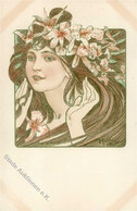 Mucha, Alfons Lady's Face With Hands Close By Flowers In Long Brown Hair I-II - Mucha, Alphonse