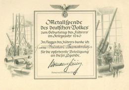 METALLSPENDE D. DEUTSCHEN VOLKES WK II 1940 - DINA5 SPENDENSCHEIN I - Weltkrieg 1939-45