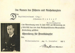 Verleihungsurkunde WK I Lot Mit 2 Urkunden Ehrenkreuz Für Frontkämpfer Sowie Ein Foto Von Nixdorf, Johannes Kapitänleutn - Weltkrieg 1939-45