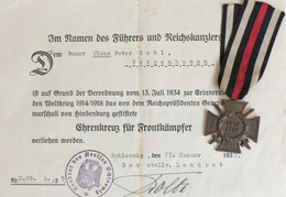 WK II Orden Ehrenkreuz Für Frontkämpfer Mit Verleihungsurkunde I-II (fleckig) - Oorlog 1939-45