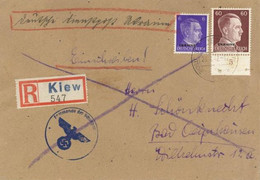 DEUTSCHE DIENSTPOST UKRAINE - R-Brief D. KOMMANDO Der SCHUTZPOLIZEI KIEW 23.4.42 - 60 Pfg.-Hitler-Marke Unterrandstück M - Oorlog 1939-45