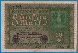 DEUTSCHES REICH 50 Mark  24.06.1919 Série ACK A # 837926 P# 66 Reihe 1 - 50 Mark