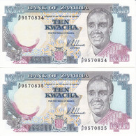 PAREJA CORRELATIVA DE ZAMBIA DE 10 KWACHA DEL AÑO 1989/91 SIN CIRCULAR (BANK NOTE) UNCIRCULATED - Zambie