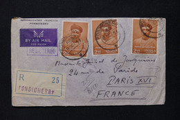 INDE - Enveloppe En Recommandé De Pondichéry Pour Un Général à Paris En 1955, Affranchissement Recto Et Verso - L 82586 - Covers & Documents