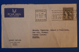 I 12 AUSTRALIA BELLE LETTRE 1951  PAR AVION SYDNEY POUR ROANNE FRANCE + AFFRANCHISSEMENT PLAISANT - Cartas & Documentos