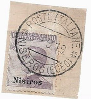 94856) ITALIA-EGEO-NISIRO-50 C. • Effigie Di Vittorio Emanuele III Tipo Michetti • Violetto  USATO SU FRAMMENTO - Egeo (Nisiro)