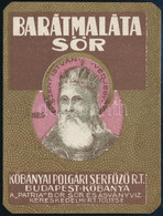 Cca 1940 Barátalma Sör Kőnyomatos Címke Kőbányai Polgári Serfőző Rt. Patria Töltése Italcímke 9x7 Cm - Pubblicitari