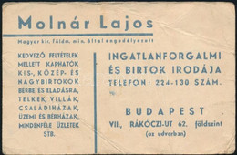 1944 Molnár Lajos Ingatlanos (nagybirtok, Villa Kereskedő) Reklám Kártyája, Gyűrött - Pubblicitari