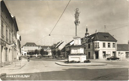 T2/T3 1958 Pinkafő, Pinkafeld; Tér, Karl Strobl üzlete, Szobor, Dohánybolt / Strasse, Geschäft, Tabak Trafik / Street, S - Zonder Classificatie