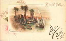 T2/T3 1898 (Vorläufer) Cairo, Caire; Dhahabiyes Au Bord Du Nil / Dahabeah Boats On Nile River. Art Nouveau, Floral, Lith - Non Classificati