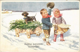 T2/T3 Boldog Karácsonyi Ünnepeket! / Christmas Greeting Children Art Postcard With Dachshund Dog. B.K.W.I. 3104/3. S: K. - Non Classificati