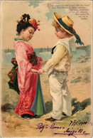 * T2/T3 1900 Romantic Children Couple, German Sailor Boy And Chinese Geisha Girl, Litho (small Tear) - Non Classés